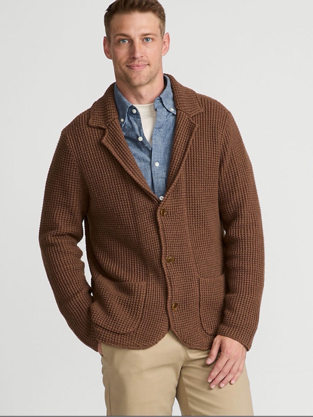 Lands End Men's Brown Waffle Knit Button-Up Sweater Blazer, Small, Like New